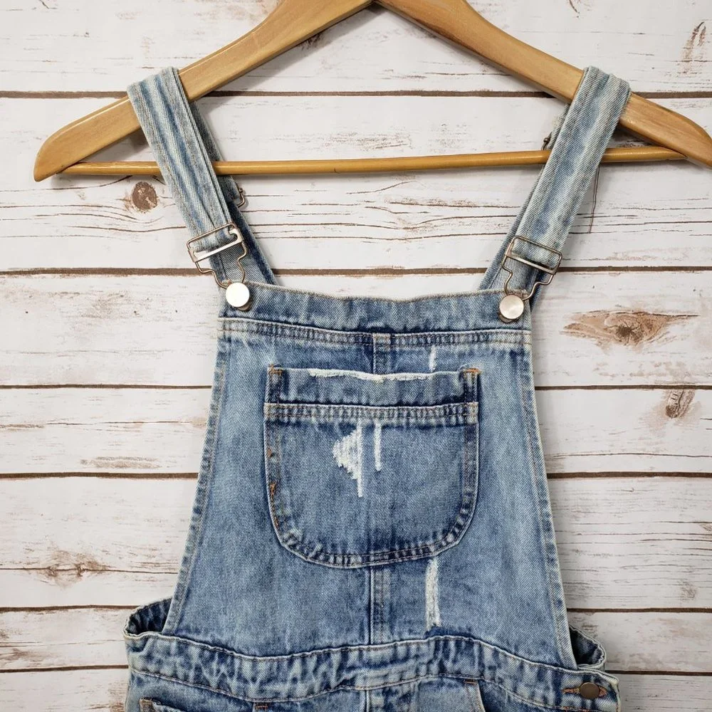 F21 Distressed Denim Overall Jumper Dress Pockets Light Blue MIni Size M - Picture 4 of 12